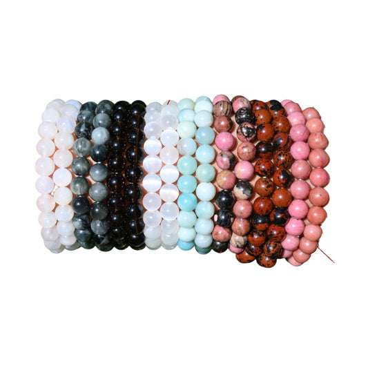 8mm Round Gemstone Bracelet Stretchy Beads Bracelet Multi Crystal/Rose Quartz/Amethyst/Malachite More Bracelets Gift For Her (Rhodonite)