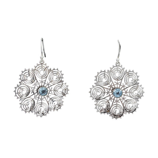 Unique Artisan Floral Blue Topaz Earrings Handmade Traditional 925 Sterling Silver Natural Faceted Gemstone Jewelry