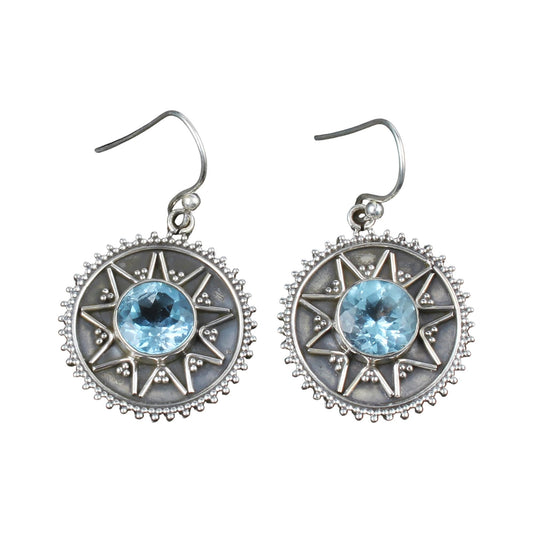 Black Rhodium Blue Topaz Earrings Handmade 925 Sterling Silver Traditional Faceted Round Gemstone Earrings