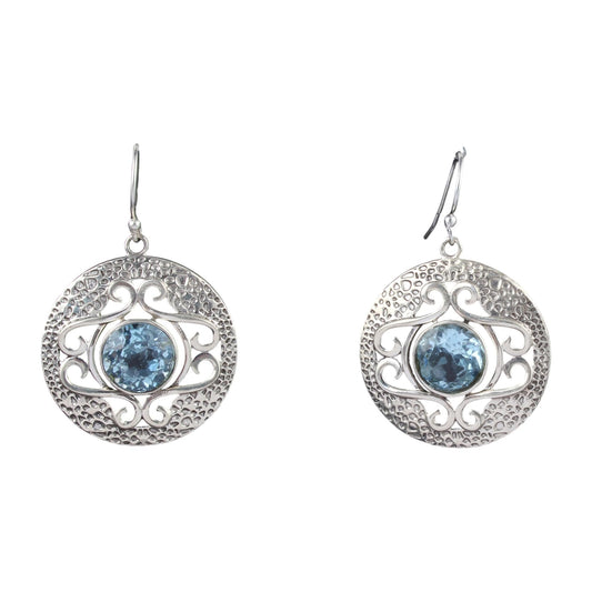Round Blue Topaz Earrings Handmade Textured Boho Natural Gemstone 925 Sterling Silver Designer Earrings
