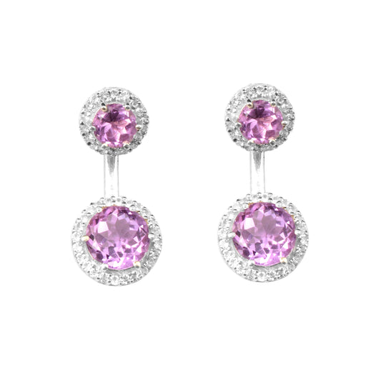 Round Amethyst Earrings with CZ 925 Sterling Silver Handmade Cluster Gemstone Dangle Jewelry