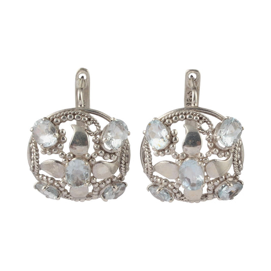 Floral Blue Topaz Earrings Handmade Prong Setting 925 Sterling Silver Designer Vintage Earrings Jewelry