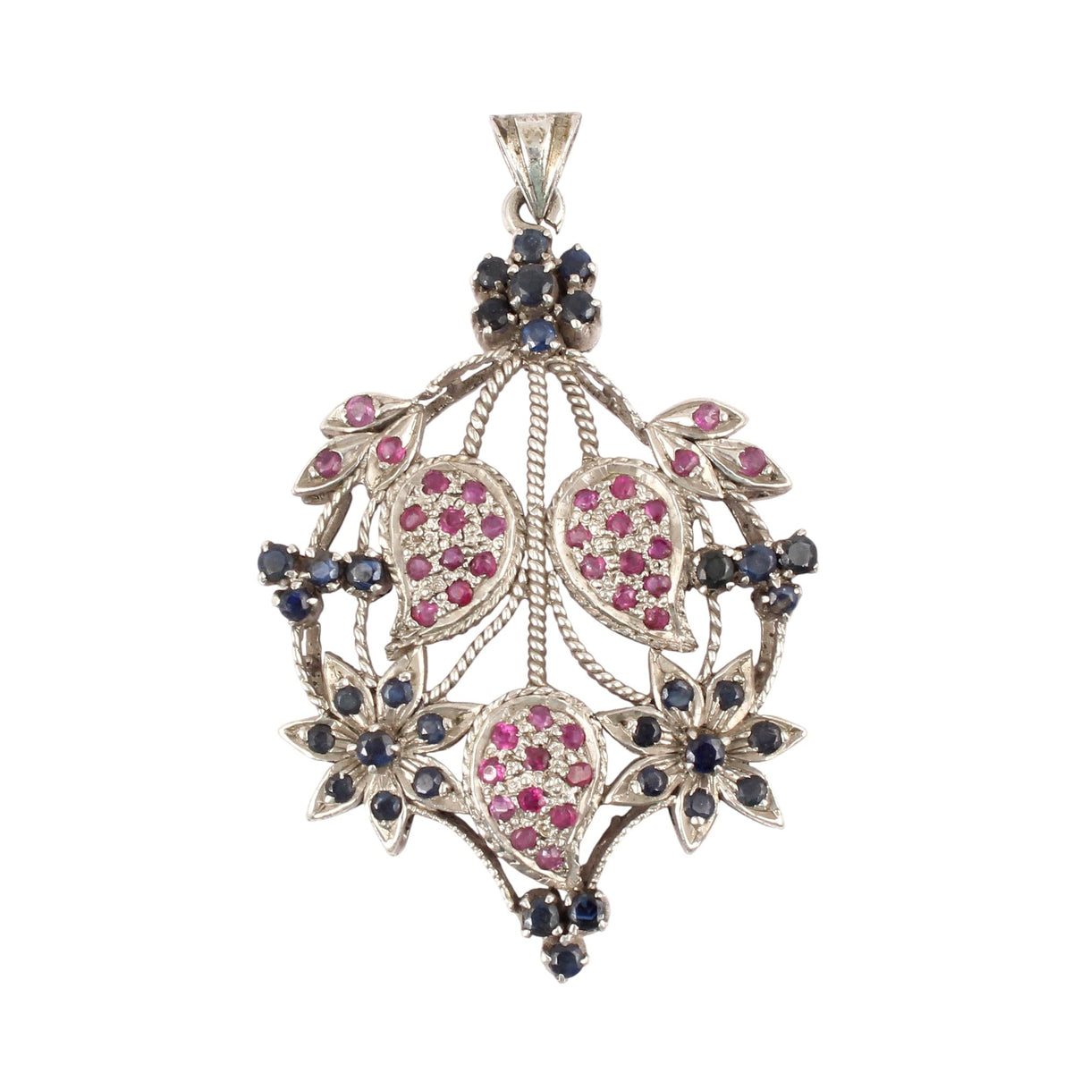 Ruyb & Sapphire Ornate Floral Pendant Handmade 925 Sterling Silver Vintage Gemstone Pendant Jewelry