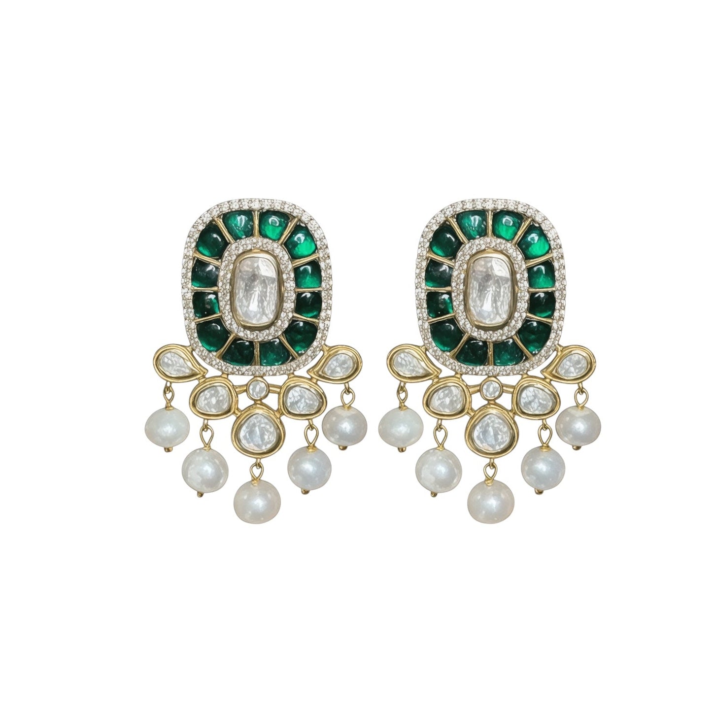 Pair of earrings with green gemstones and pearl-like beads on a white background