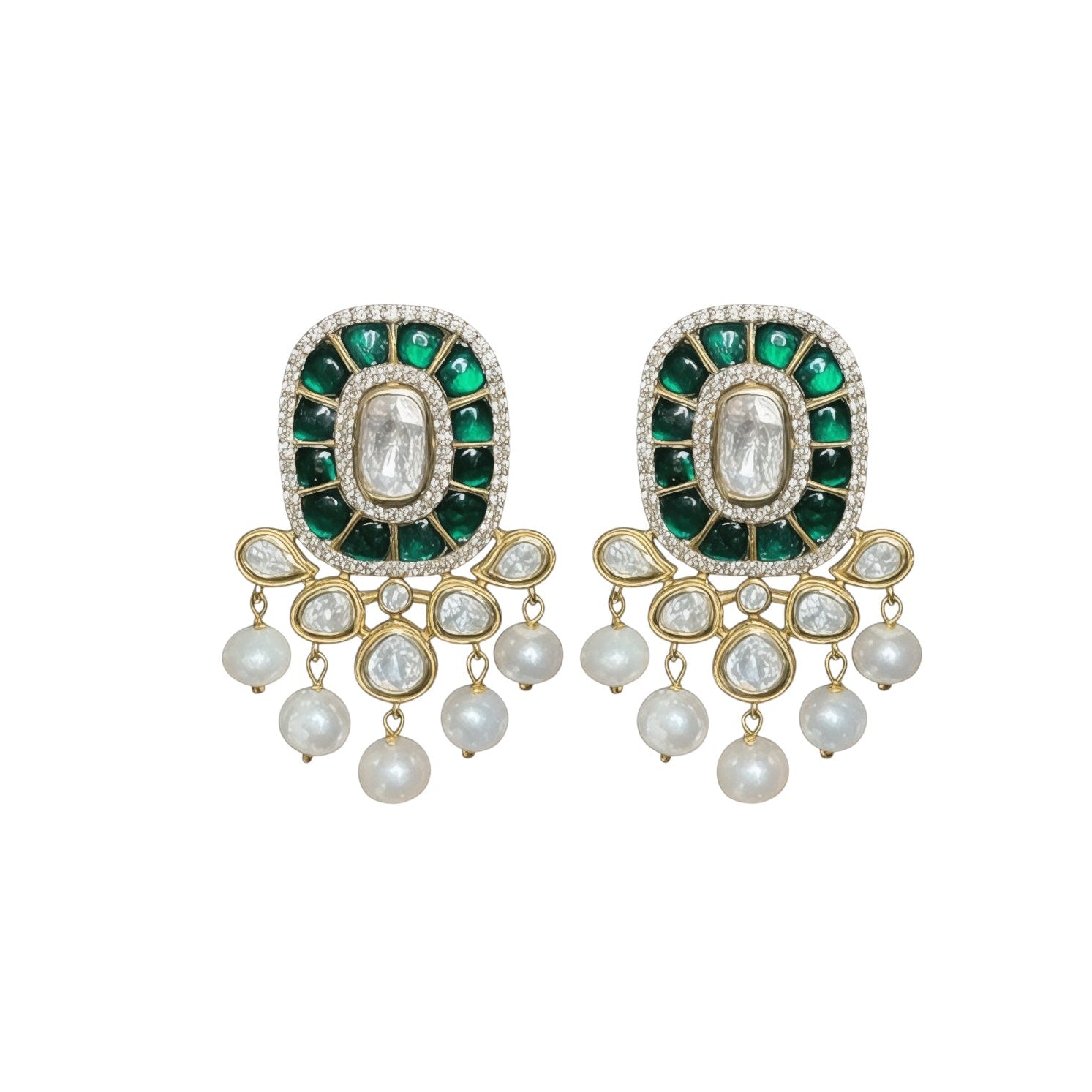 Pair of earrings with green gemstones and pearl-like beads on a white background