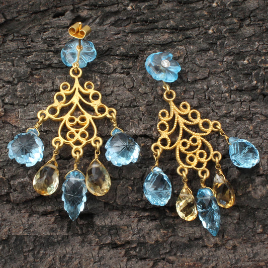 Blue Topaz ,citrine And Diamonds Gold Earring