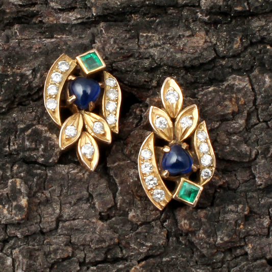 Emerald , Sapphire And Diamonds Gold Earring