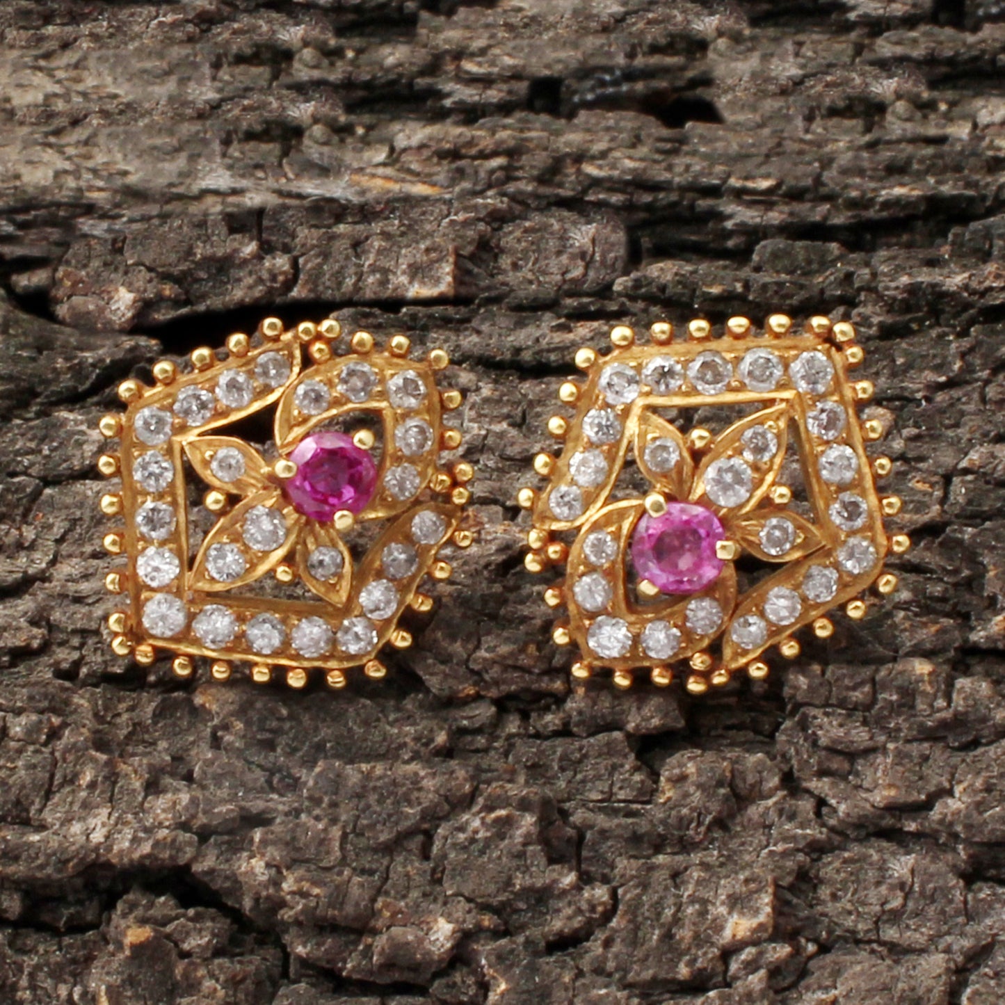 Ruby(Burma) And Diamonds Gold Earring