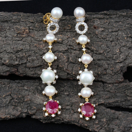 Glass Filled Ruby And Diamonds Gold Earring