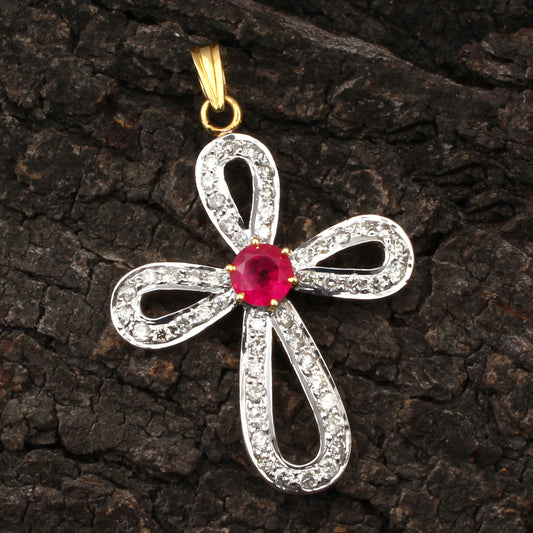 Ruby(Glass Filled ) And Diamonds Gold Pendant