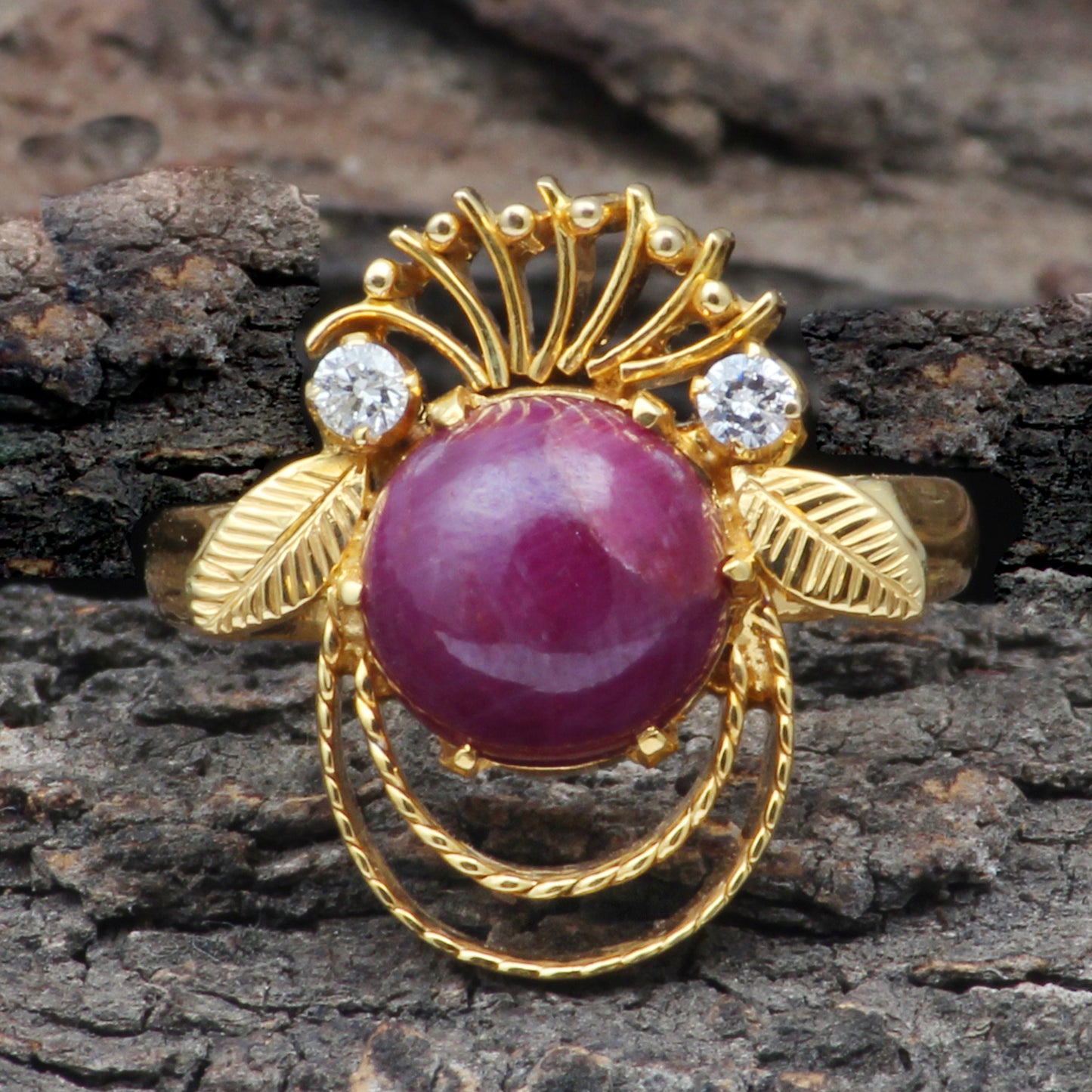 Ruby(Indian) And Diamonds Gold Ring