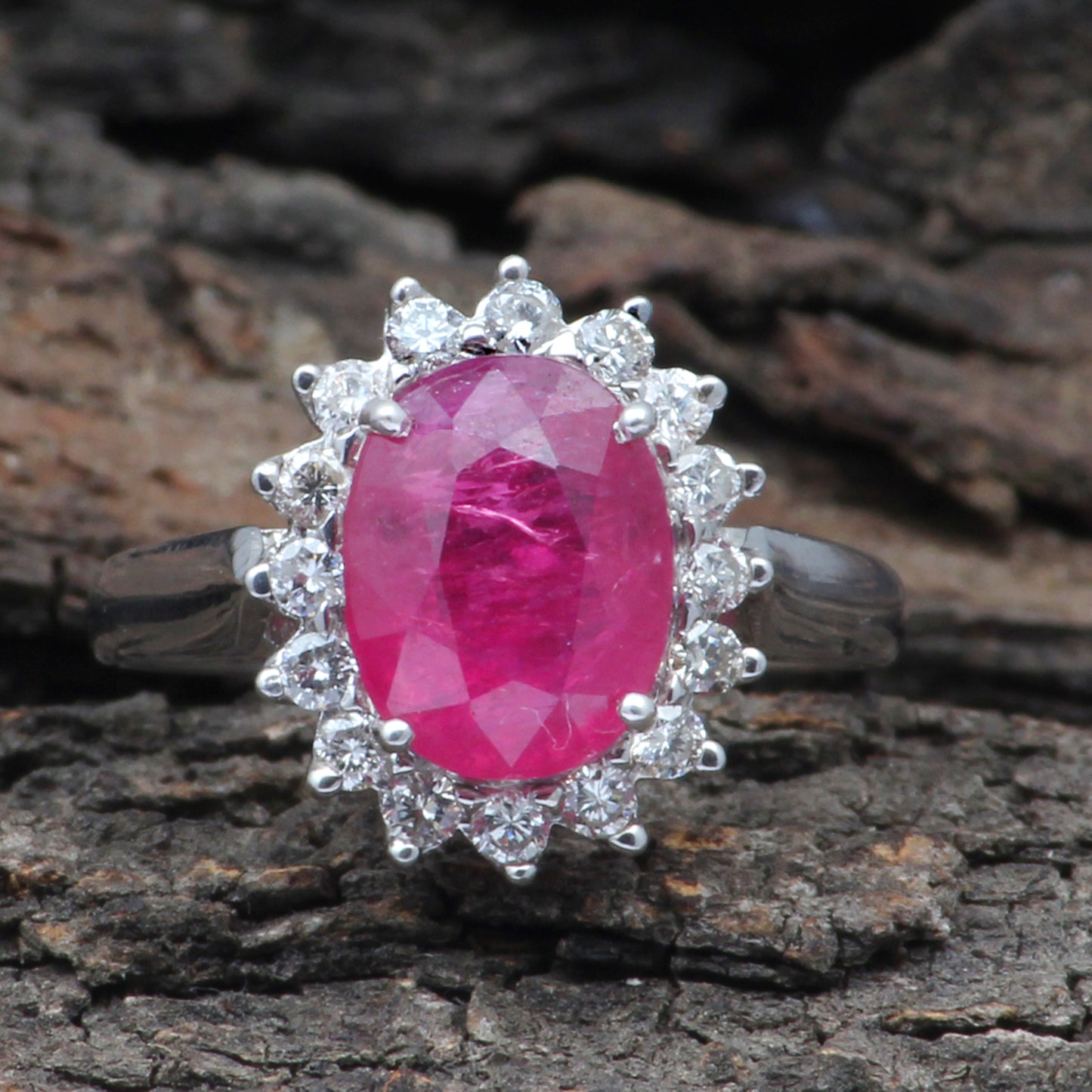 Ruby(Glass Filled) And Diamonds Gold Ring