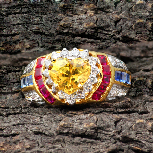 Yellow Sapphire 1, Blue Sapphire-6, Ruby-10 Gold Ring