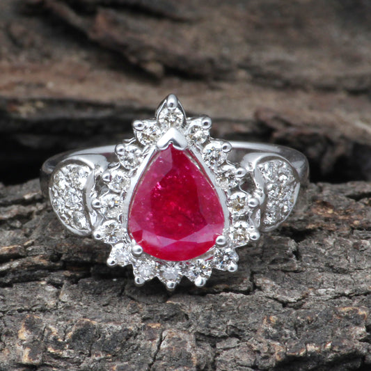 Ruby(Glass Filled) And Diamonds Gold Ring