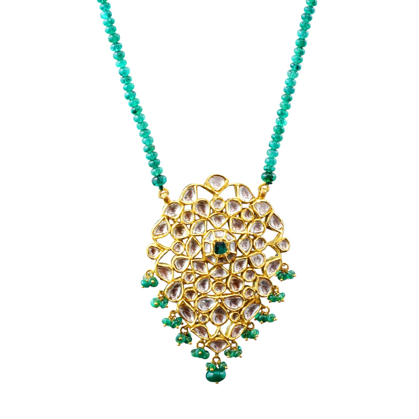 kundan diamond polki earring pendant set with emerald beads
