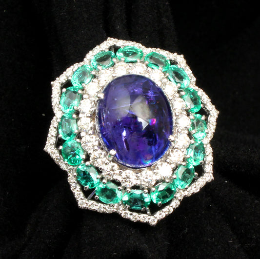 Tanzanite Emerald Diamond 18kt Gold Ring