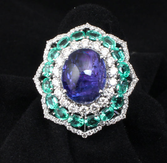 Tanzanite Emerald Diamond 18kt Gold Ring