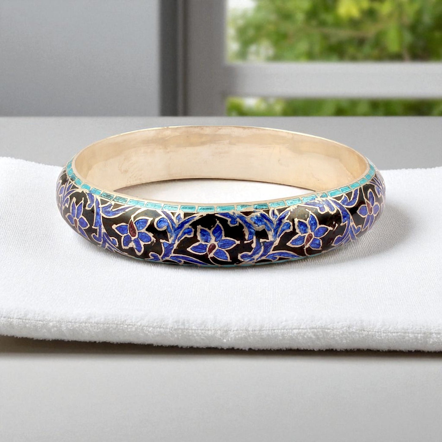 Floral Enamel Bangle Handmade Vintage Style Bracelet in 925 Sterling Silver