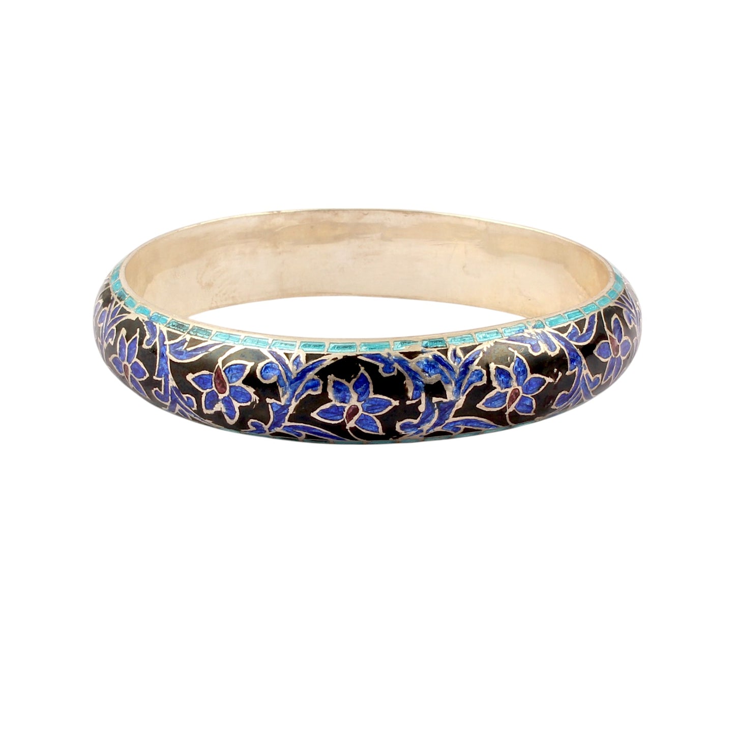 Floral Enamel Bangle Handmade Vintage Style Bracelet in 925 Sterling Silver