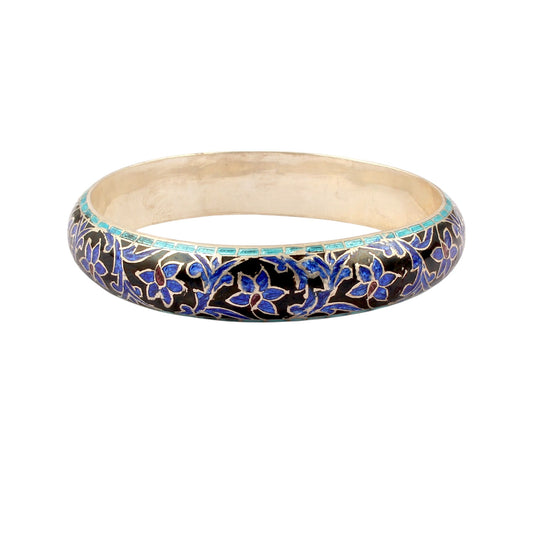Floral Enamel Bangle Handmade Vintage Style Bracelet in 925 Sterling Silver