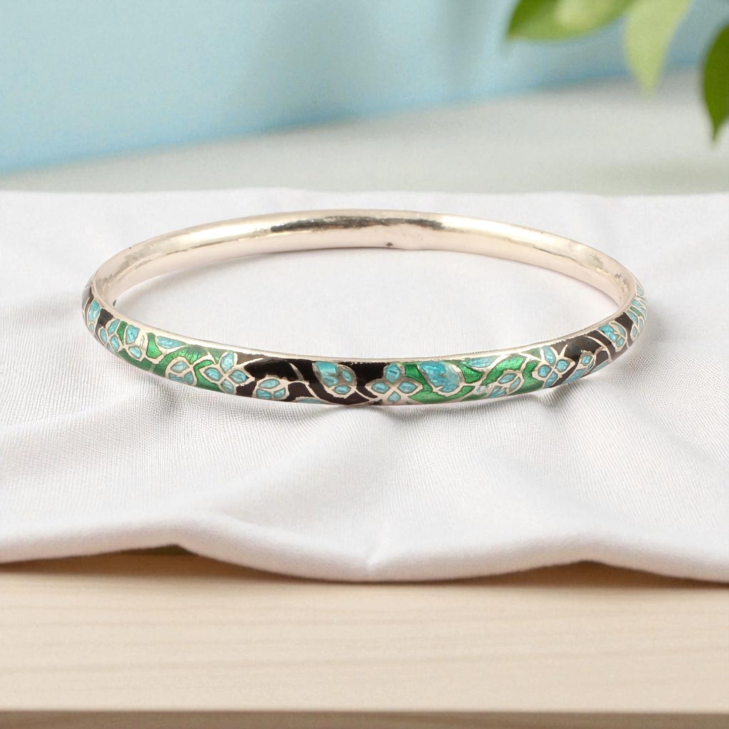 Enamel Floral Pattern Meenakari Handmade 925 Sterling Silver Bangle