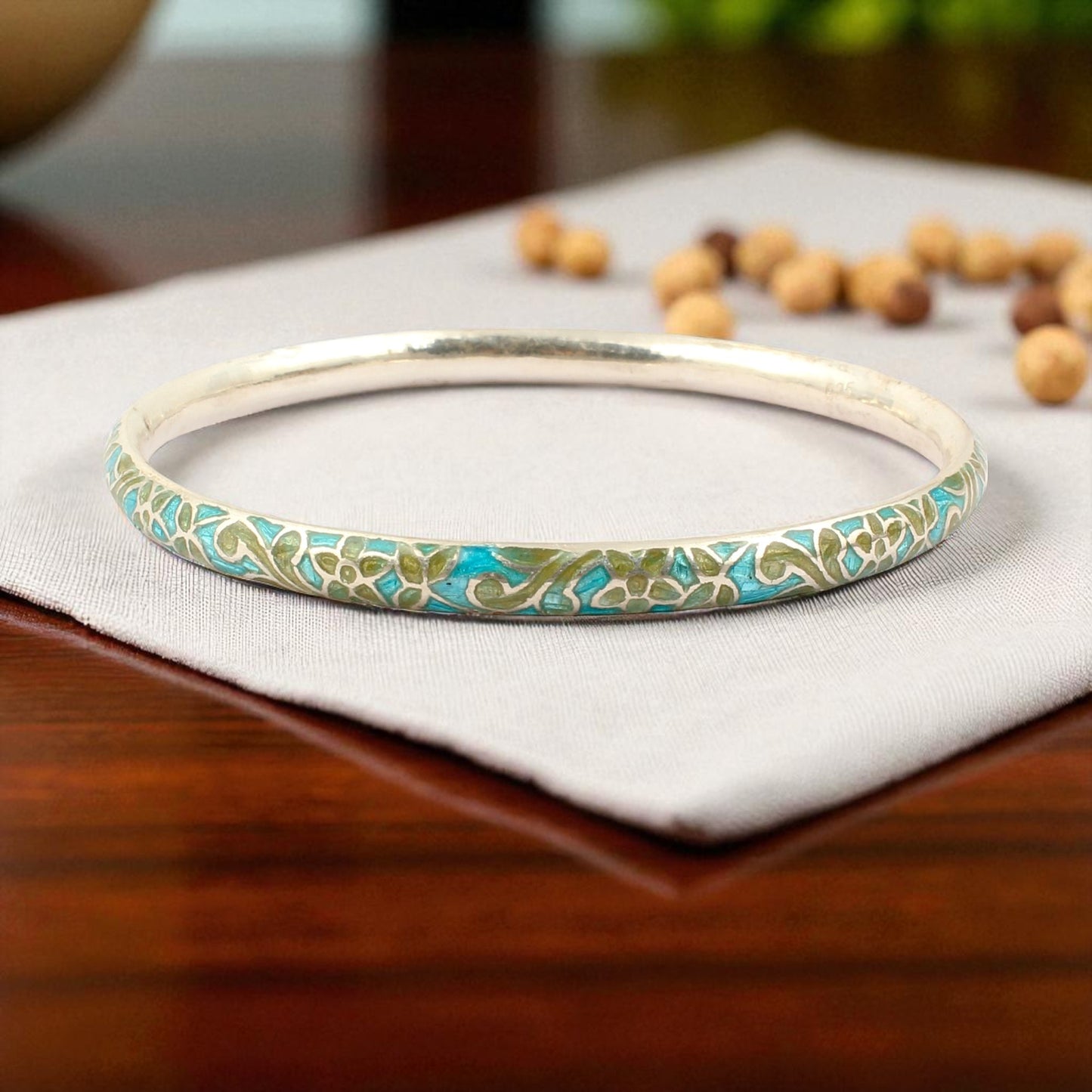 Leaf Bangle Enamel Meenakari Handmade 925 Sterling Silver Flower Pattern Bangle
