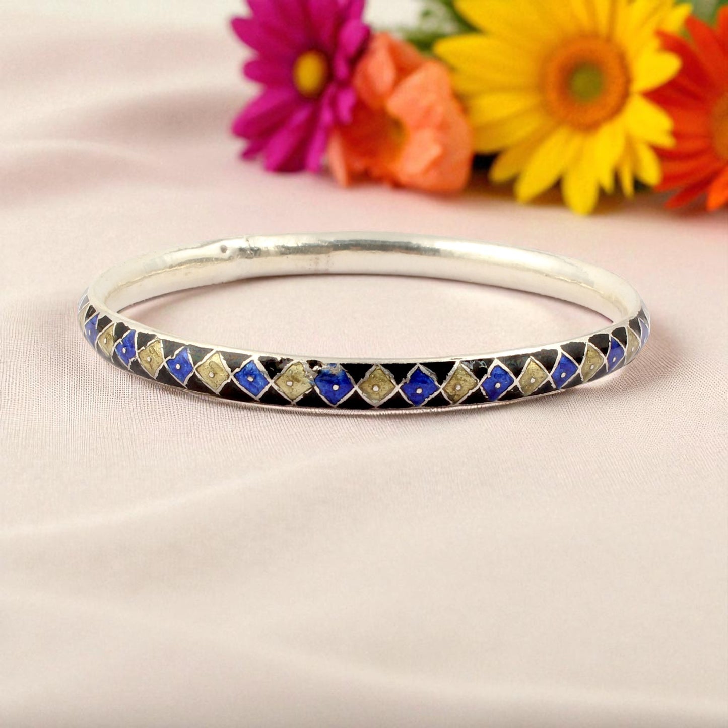 Cloisonne Meenakari (Multi color Enamel) Solid 925 Sterling Silver Minimalist Bangles