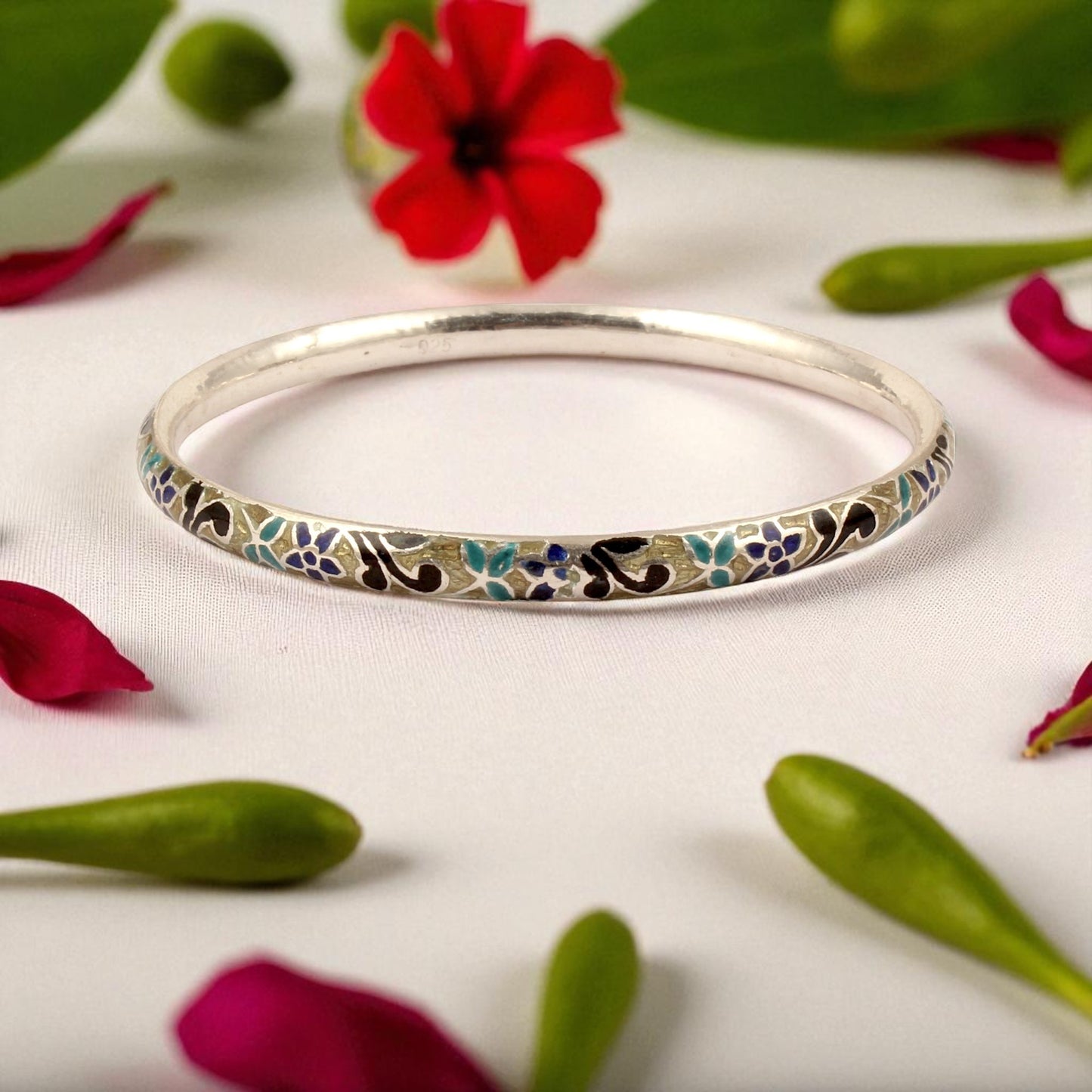 Leaf Floral Bangle Enamel Meenakari Handmade 925 Sterling Silver Flower Pattern Bangle
