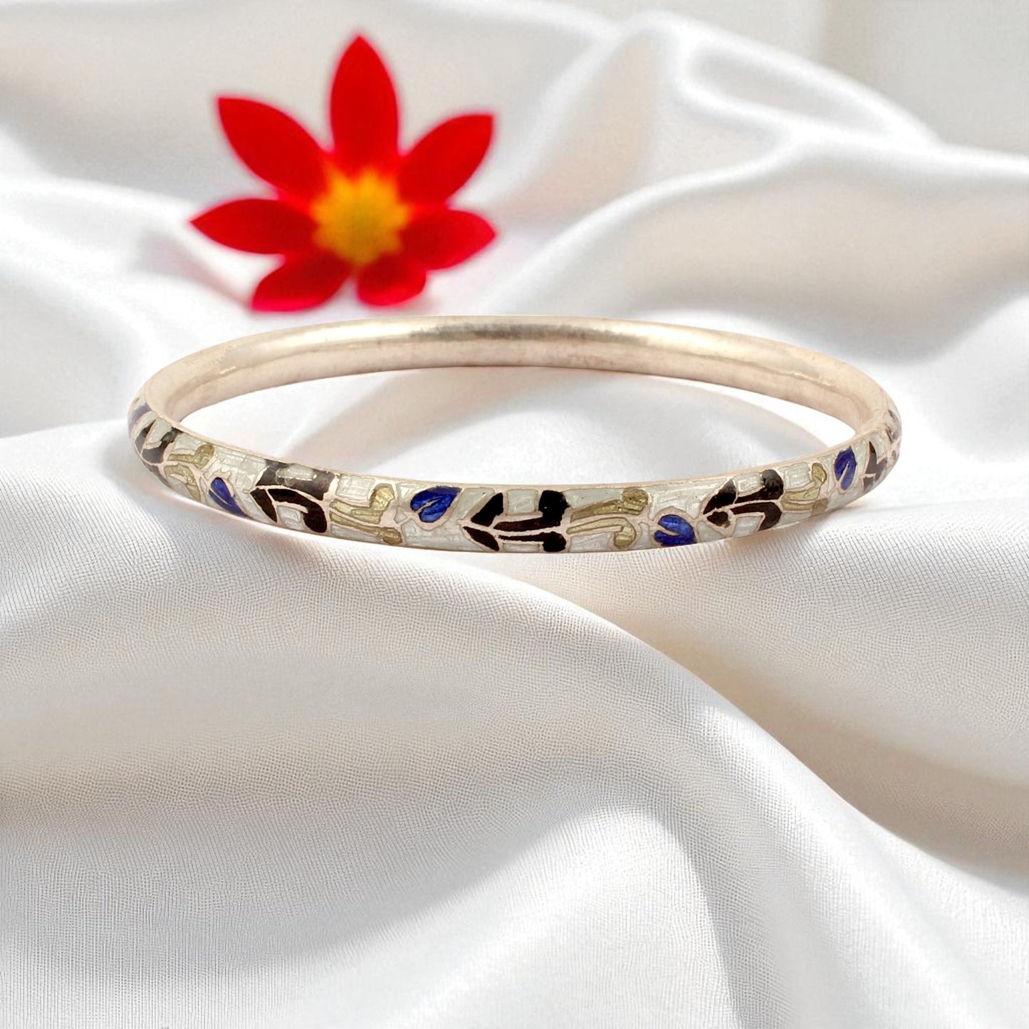 Leaf Bangle Enamel Meenakari 925 Sterling Silver Handmade Flower Pattern Bangle