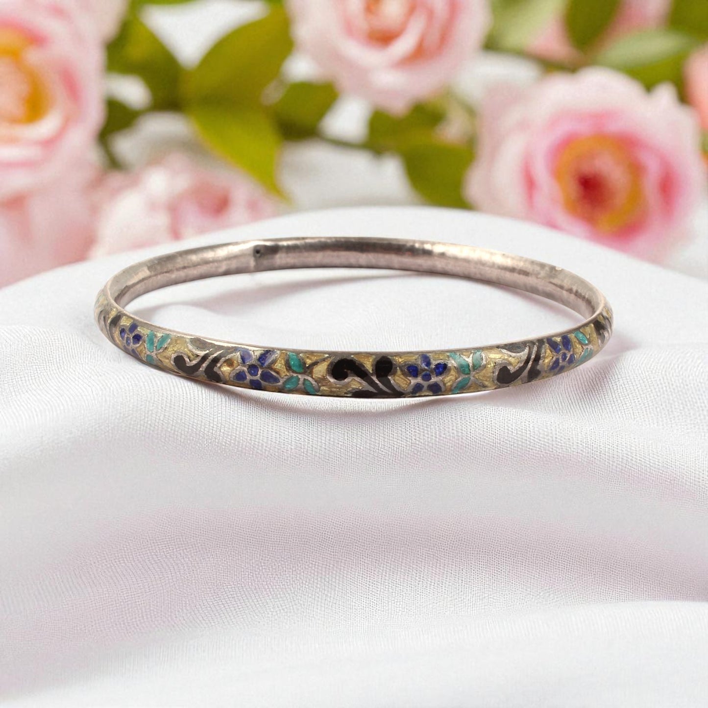 Multicolor Floral Enamel Bangle Handmade 925 Sterling Silver Artisan Jewelry