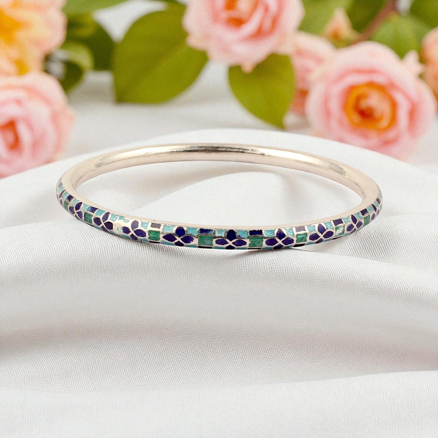 Traditional Wear Enamel Meenakari Work Bangle Handmade 925 Sterling Silver Jewelry