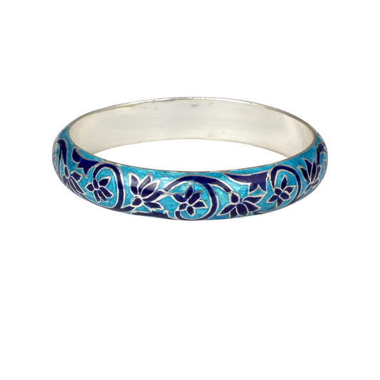 Leaf Floral Bangle Enamel Meenakari Work Handmade 925 Sterling Silver Flower Pattern Bangle