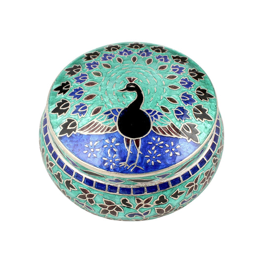 Peacock Enamel Work Box 925 Sterling Silver Enamelled Clisonne Jewelry Store Box