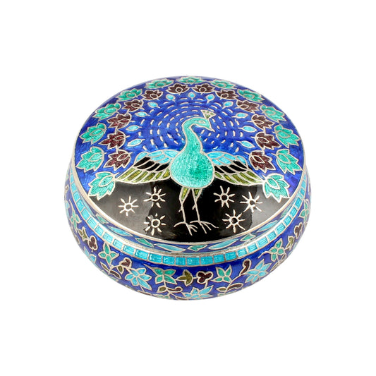 Beautiful Peacock Enamel Meenakari Work Box 925 Sterling Silver Enamelled Jewelry