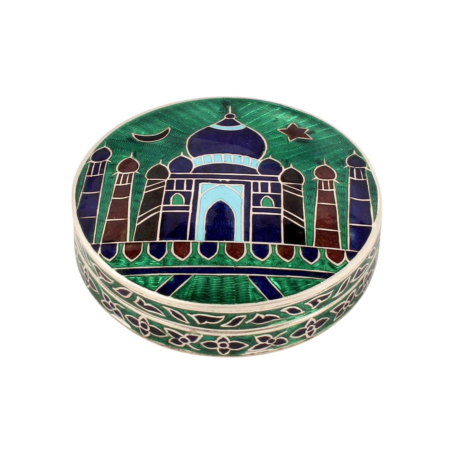 Taj Mahal Clisonne Jewelry Store Box 925 Sterling Silver Carved Enamelled Vermal Box