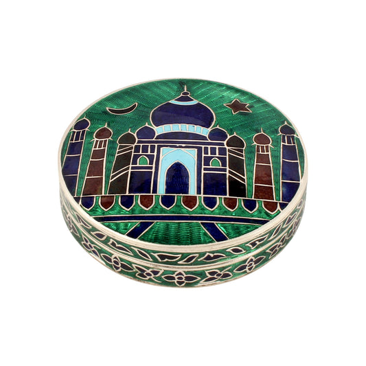 Taj Mahal Clisonne Jewelry Store Box 925 Sterling Silver Carved Enamelled Vermal Box