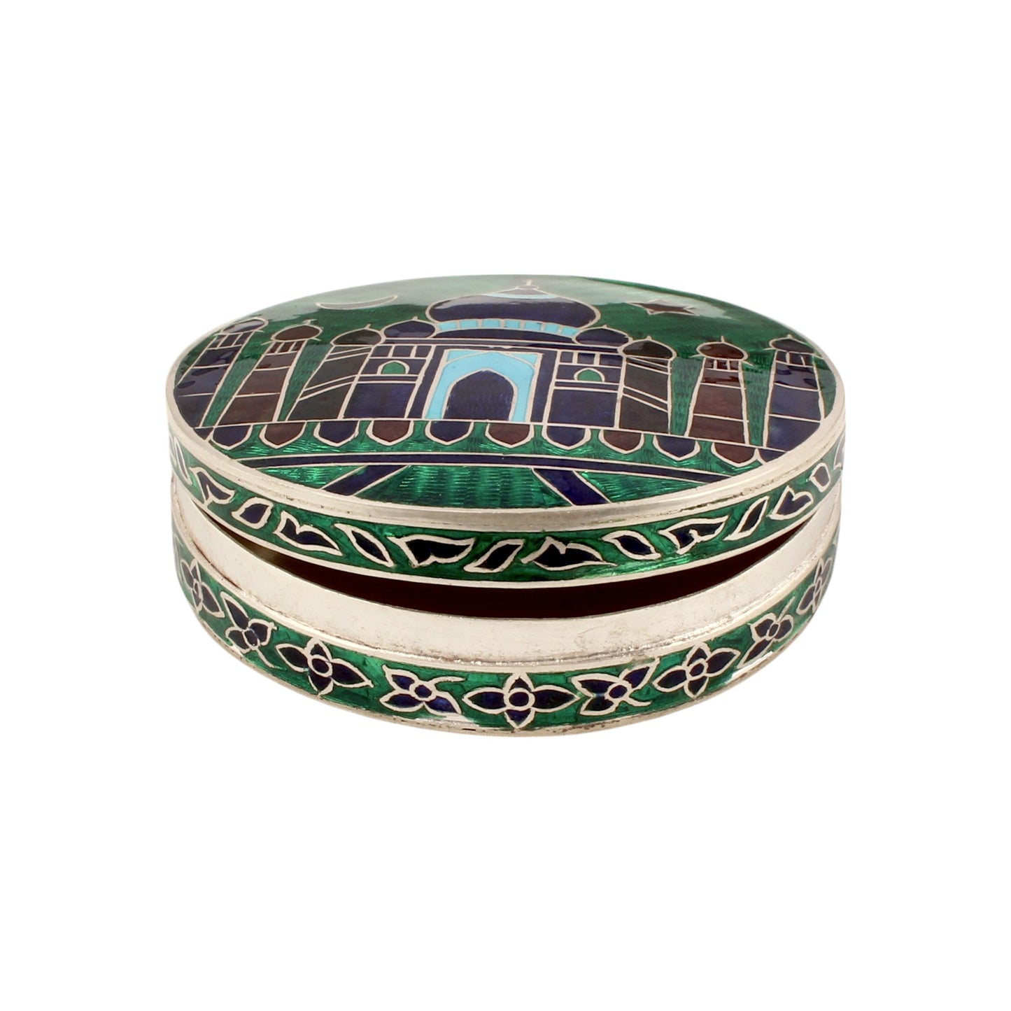 Taj Mahal Clisonne Jewelry Store Box 925 Sterling Silver Carved Enamelled Vermal Box