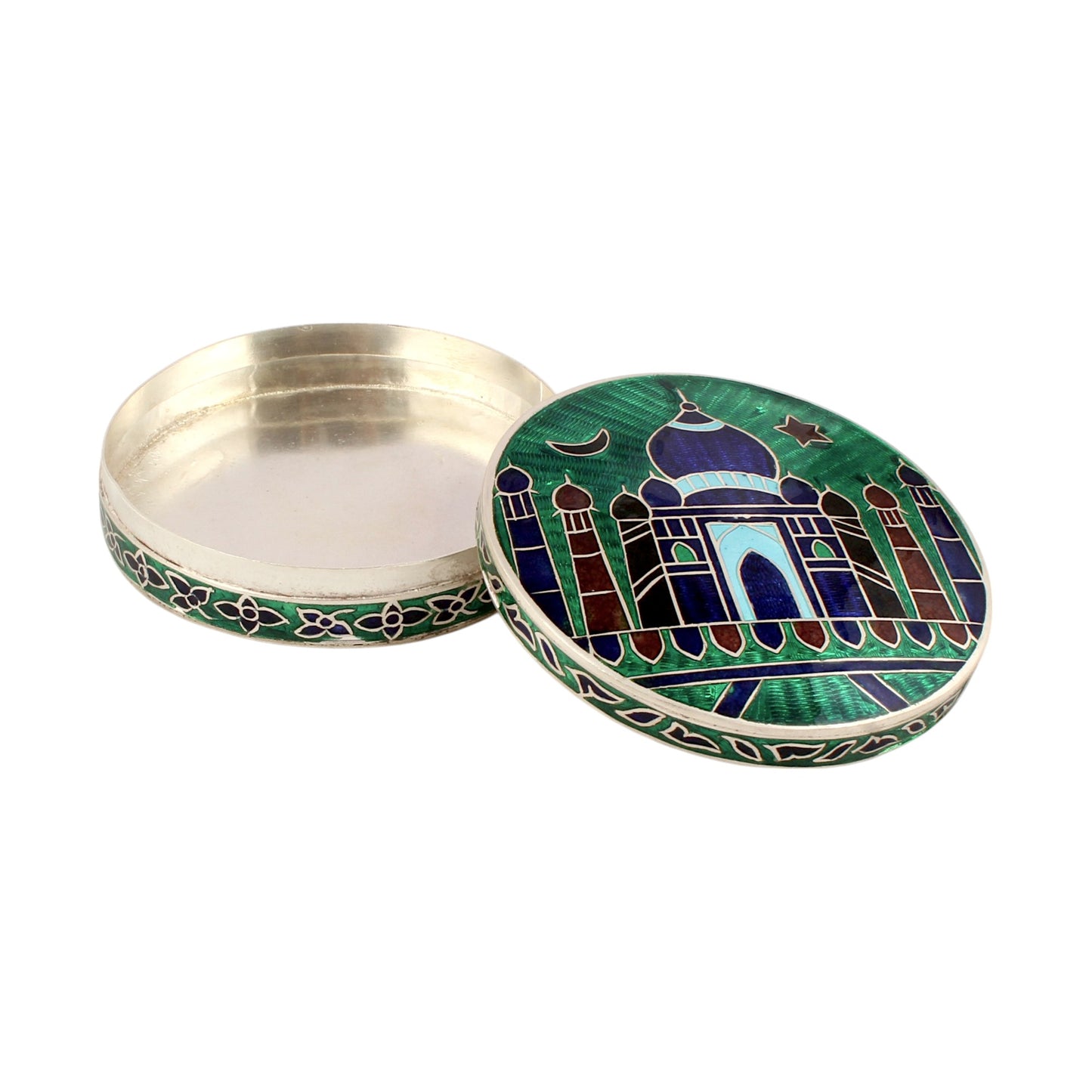 Taj Mahal Clisonne Jewelry Store Box 925 Sterling Silver Carved Enamelled Vermal Box