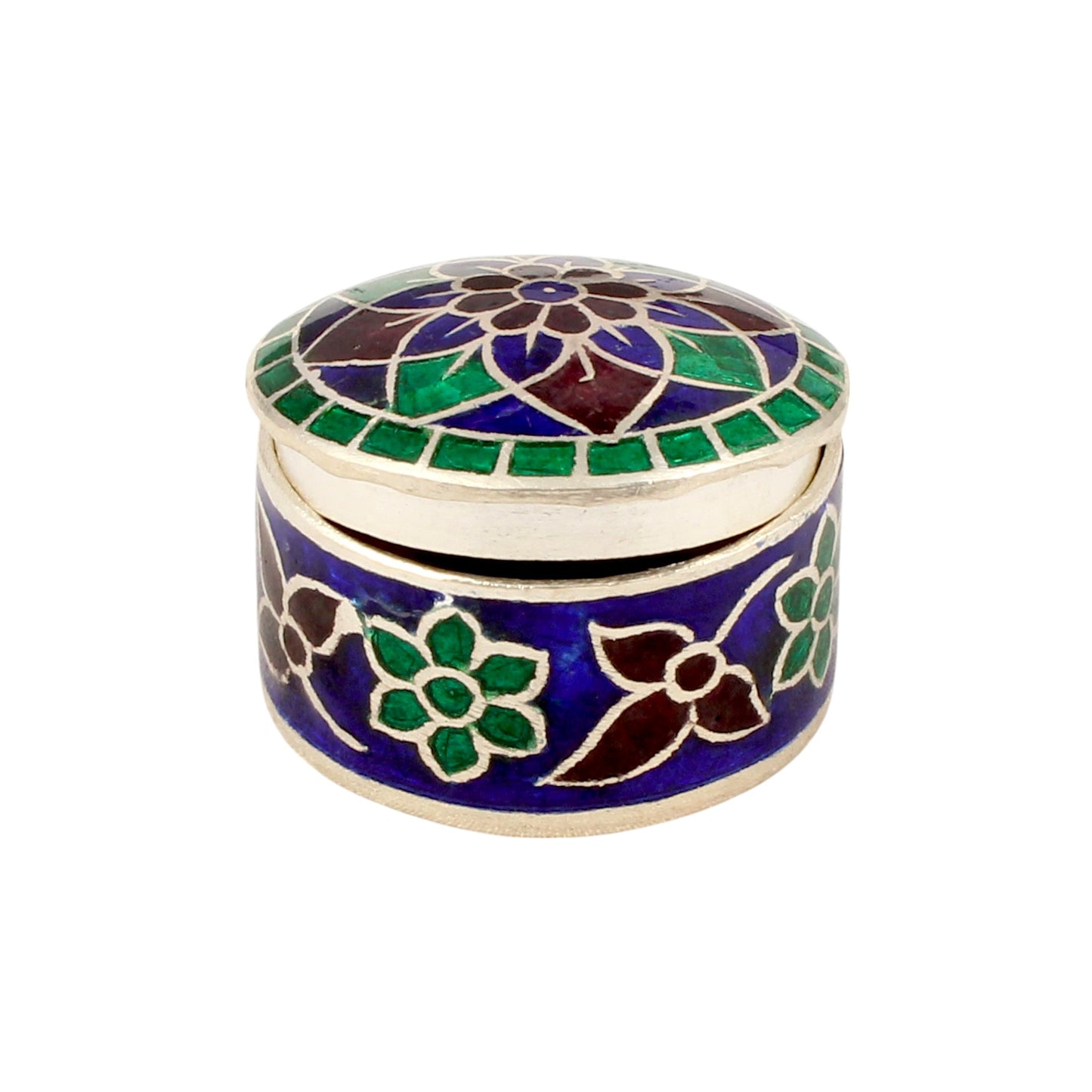 925 Sterling Silver Handmade Meenakari Work Floral Design Trinket Box
