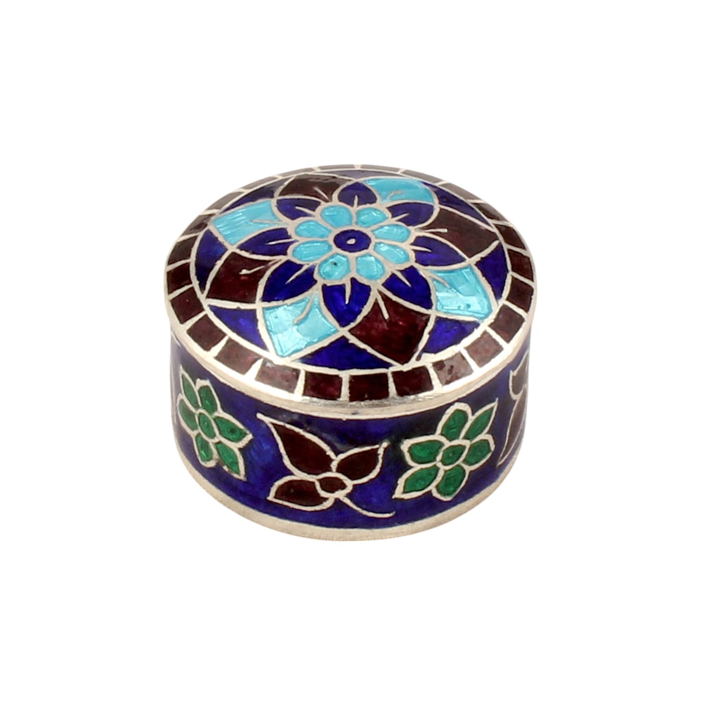 Floral Leaf Multicolor Enamel Work Box 925 Sterling Silver Enamelled Jewelry