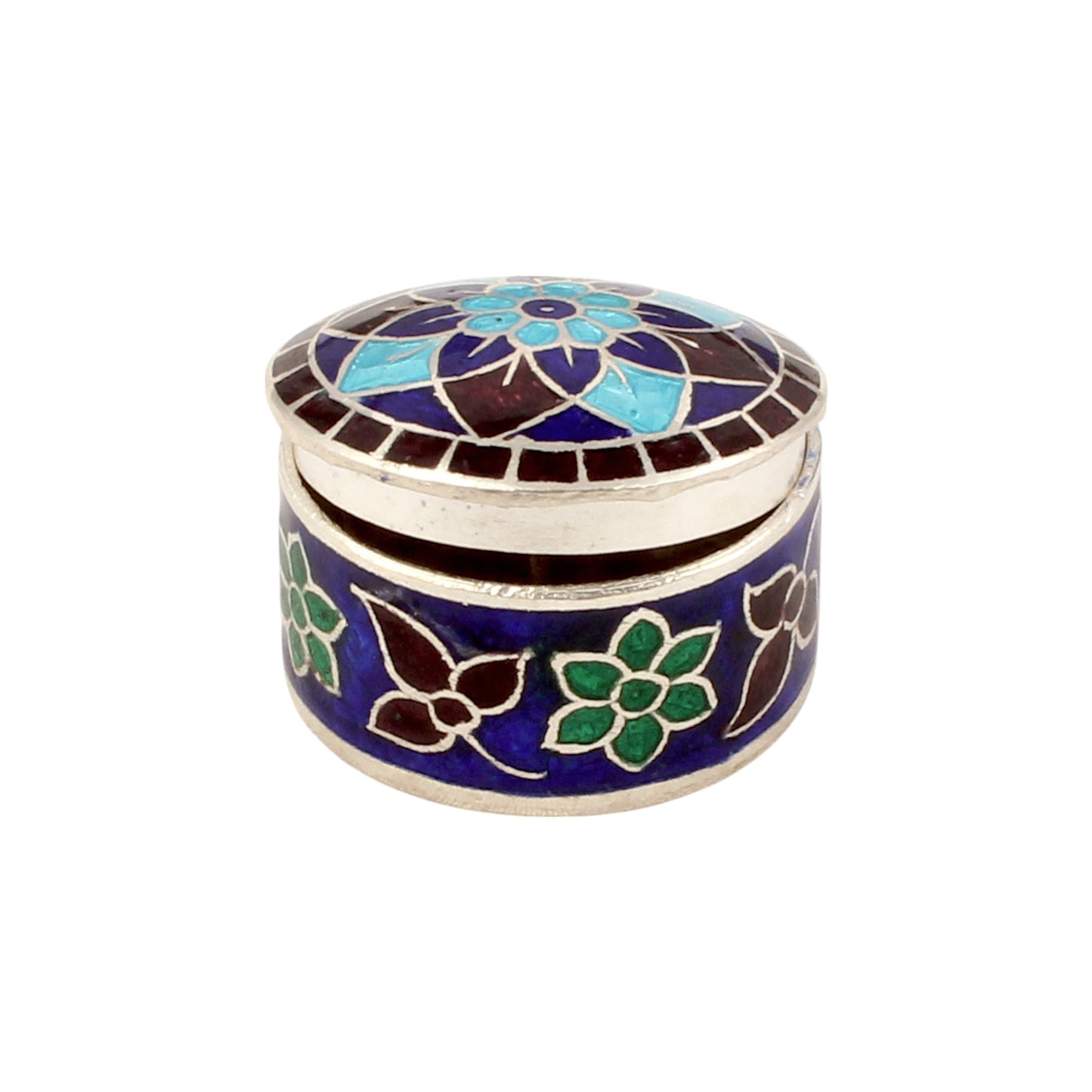 Floral Leaf Multicolor Enamel Work Box 925 Sterling Silver Enamelled Jewelry