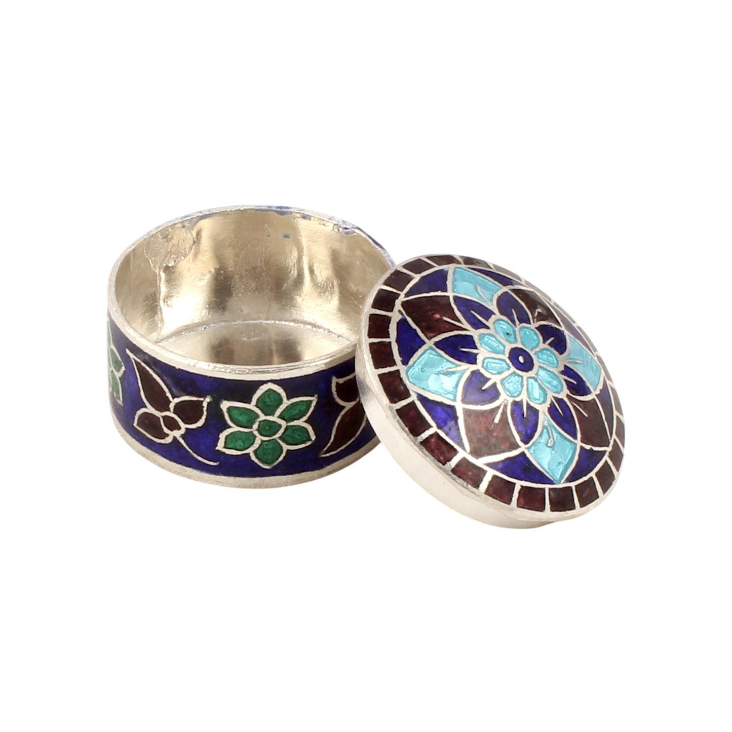 Floral Leaf Multicolor Enamel Work Box 925 Sterling Silver Enamelled Jewelry