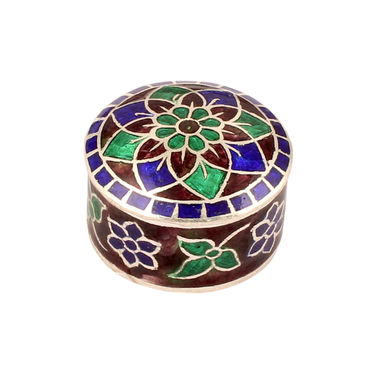 925 Sterling Silver Meenakari Work Floral Leaf Design Trinket Box