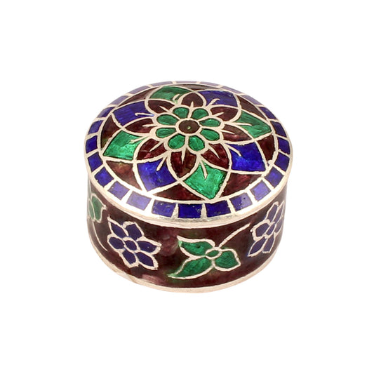 925 Sterling Silver Meenakari Work Floral Leaf Design Trinket Box