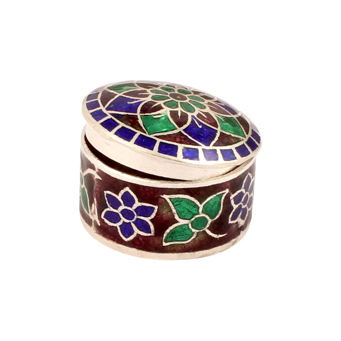 925 Sterling Silver Meenakari Work Floral Leaf Design Trinket Box
