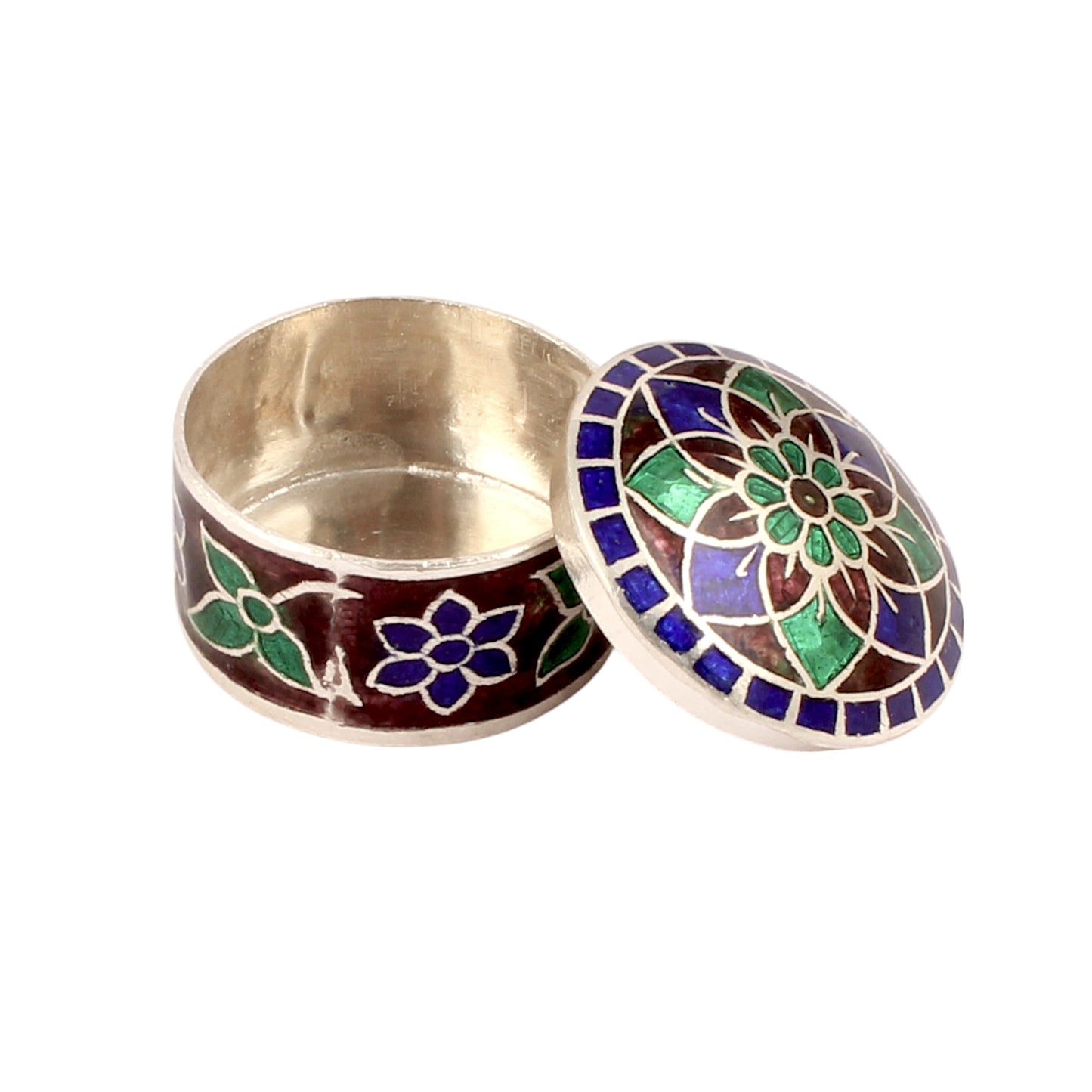 925 Sterling Silver Meenakari Work Floral Leaf Design Trinket Box