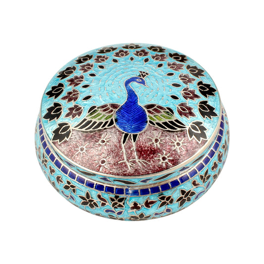 Peacock Enamel Work Box 925 Sterling Silver Enamelled Clisonne Vermal Jewelry Store Box