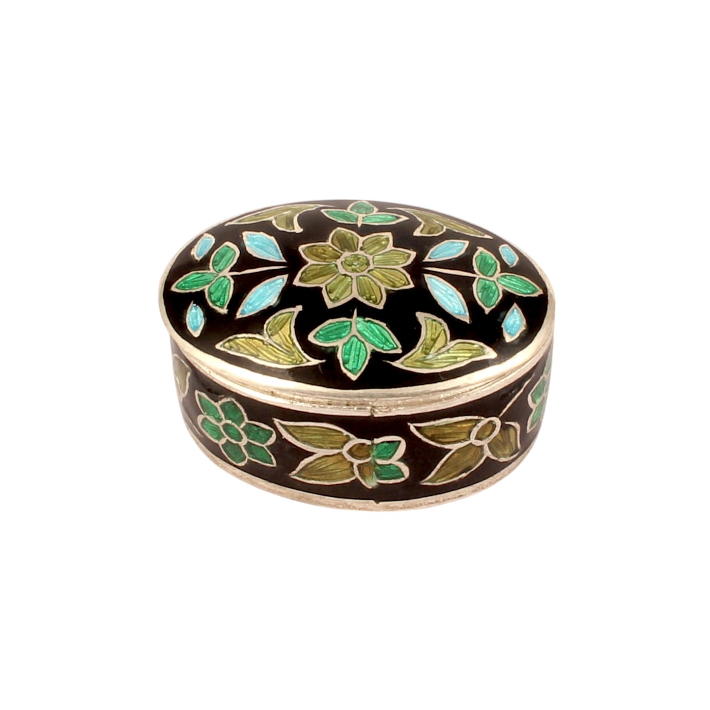 Floral Leaf Enamel Work Box Handmade 925 Sterling Silver Jewelry