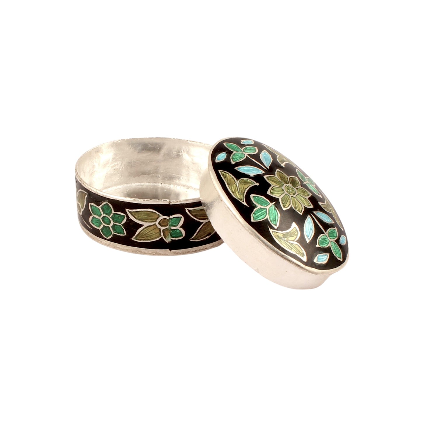 Floral Leaf Enamel Work Box Handmade 925 Sterling Silver Jewelry