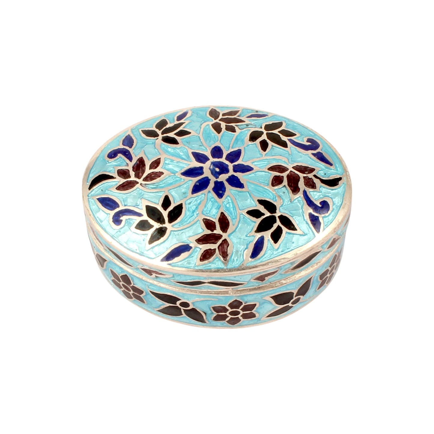 Floral Leaf Multicolor Enamel Work Box 925 Sterling Silver Enamelled Jewelry